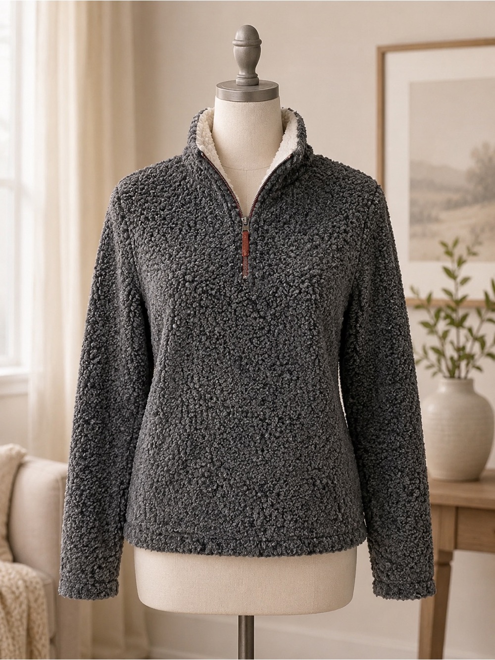 True Grit Women’s Size S Frosty Tipped Pile 1/4 Zip Pullover Charcoal Gray